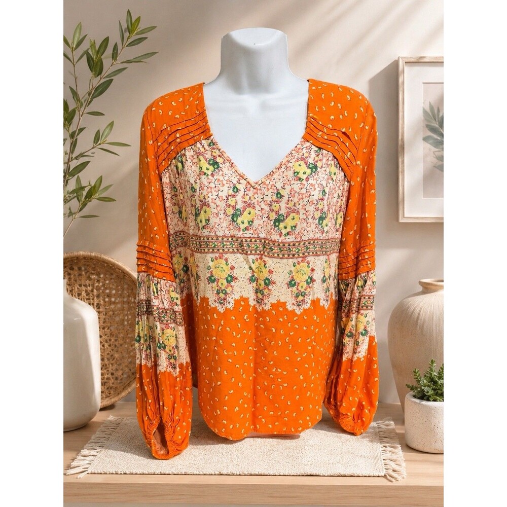 Maeve Anthropologie Orange Floral Boho Balloon Sleeve Blouse Women Size L